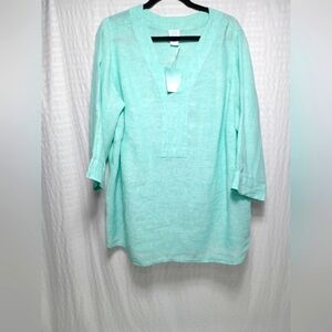 Sigrid Olsen 100% Linen V Neck 3/4 Sleeve Pull On Top. Ladies 1XL NWT